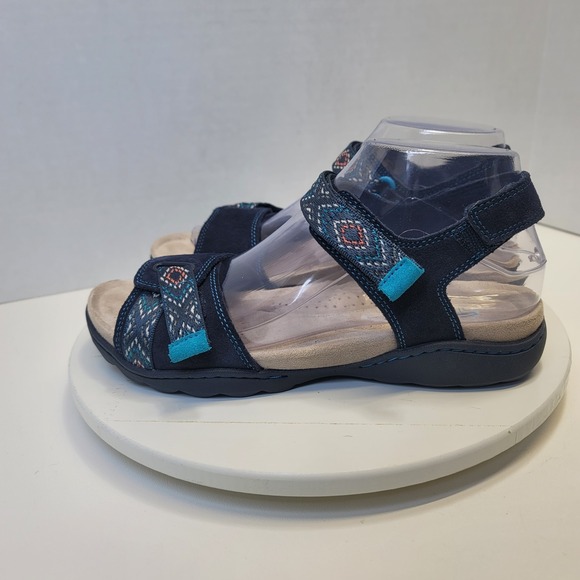 Clarks Flats Sandal Shoes Amanda Sprint Blue Suede Comfort Sporty Strap - Picture 2 of 14